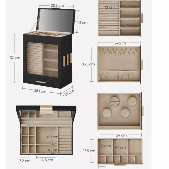 5-Layer Jewelry Box with Large Mirror, Modern Jewelry Organizer with 3 Side Draw - Picture 4 of 9